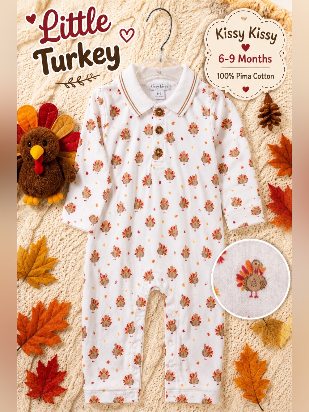 Kissy Kissy Turkey Print Pima Cotton Romper 6-9 Months Thanksgiving